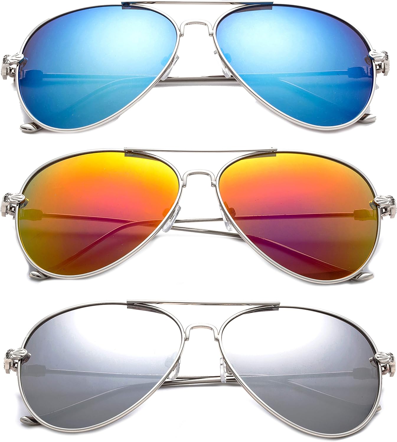 Комплект из 3 солнцезащитных очков-авиаторов Newbee Fashion в металлической оправе для мужчин и женщин, зеркальные линзы с защитой от УФ-излучения UV400, цельнометаллические дужки, 3 Pack Blue, Orange & Mirror
Комплект из 3 солнцезащитных очков-авиаторов Newbee Fashion в металлической оправе для мужчин и женщин, зеркальные линзы с защитой от УФ-излучения UV400, цельнометаллические дужки, 3 Pack Blue, Orange & Mirror