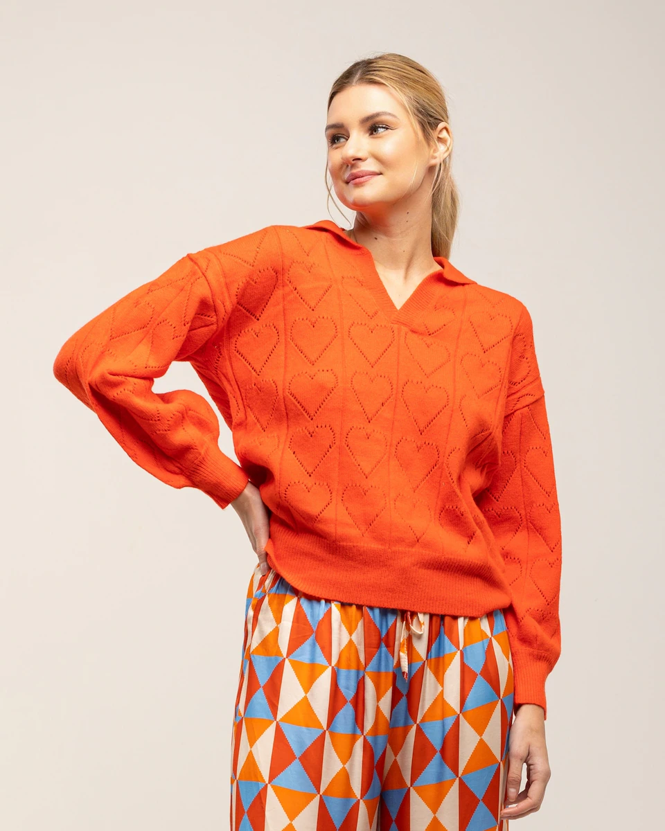 Женский свитер с воротником-поло с ажурными сердечками Tantra, оранжевый
Женский свитер с воротником-поло с ажурными сердечками Tantra, оранжевый