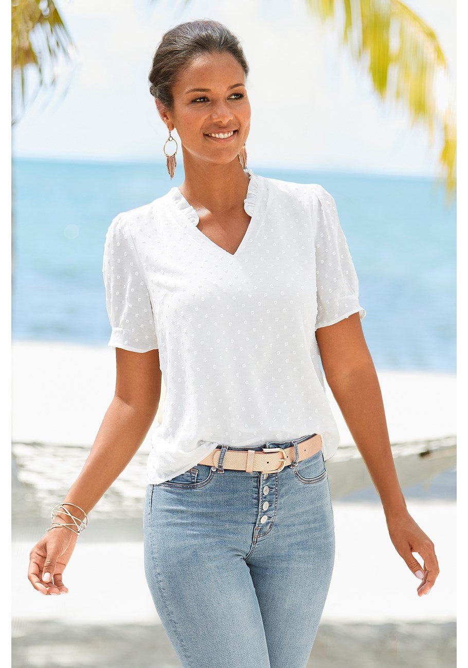 Женская блузка LASCANA с V-образным вырезом и оборками Lascana, белый
Женская блузка LASCANA с V-образным вырезом и оборками Lascana, белый