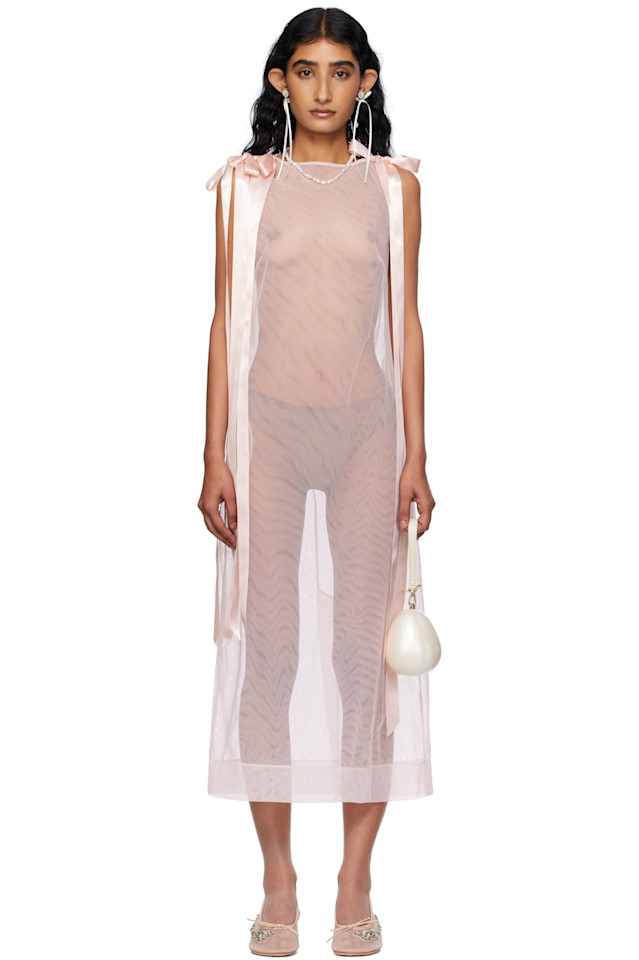 Прозрачное миди-платье с бантом и лентой на подоле Simone Rocha, розовый