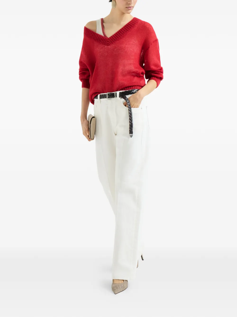 Вязаный свитер с V-образным вырезом Brunello Cucinelli, красный
Вязаный свитер с V-образным вырезом Brunello Cucinelli, красный