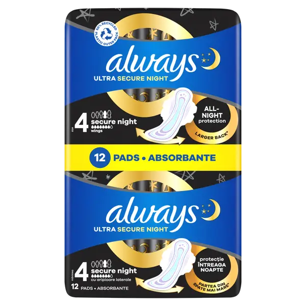 Прокладки гигиенические с крылышками, 12 шт./1 уп. Always Ultra night
Прокладки гигиенические с крылышками, 12 шт./1 уп. Always Ultra night