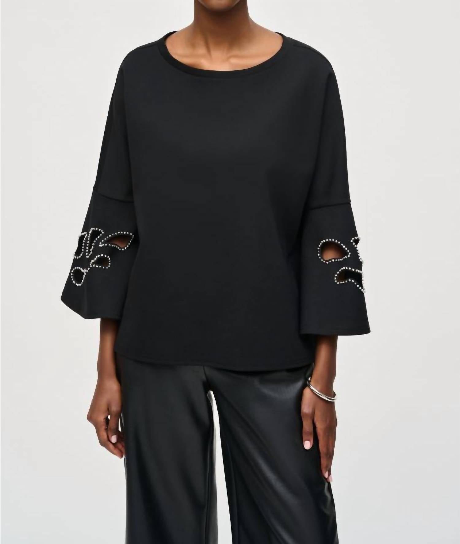 Черный топ с вырезом-лодочкой, декоративными элементами и рукавами 3/4 Joseph Ribkoff
Черный топ с вырезом-лодочкой, декоративными элементами и рукавами 3/4 Joseph Ribkoff