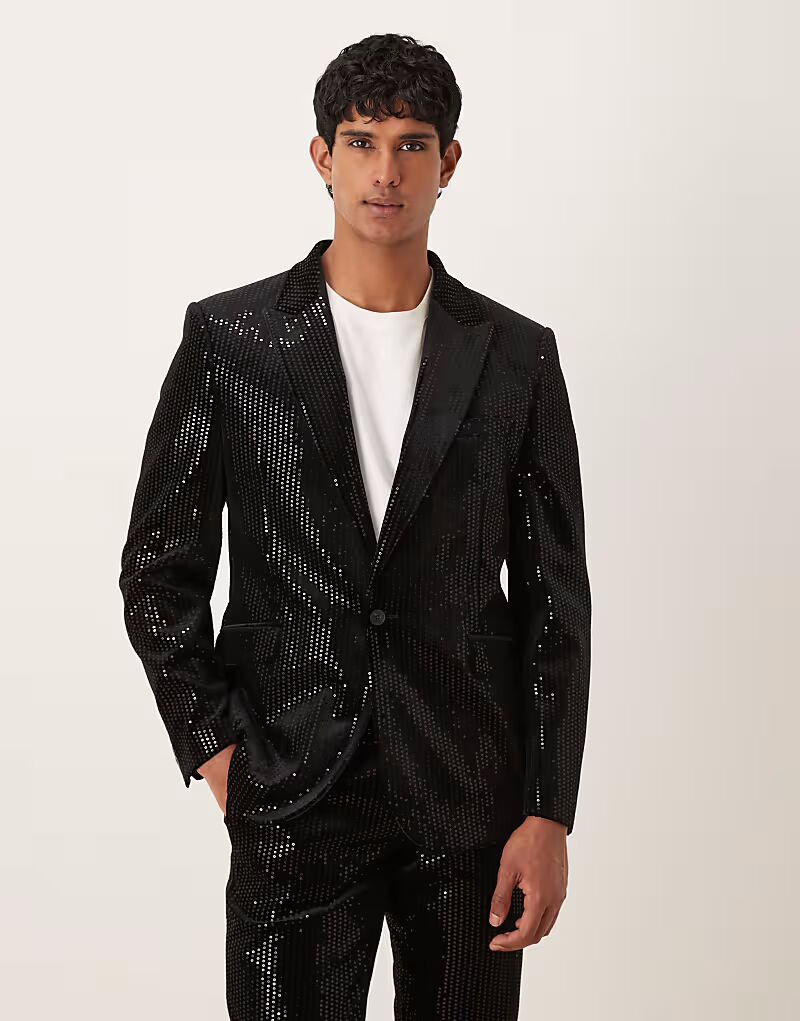 Приталенный пиджак из бархата с пайетками черного цвета Asos Design
Приталенный пиджак из бархата с пайетками черного цвета Asos Design