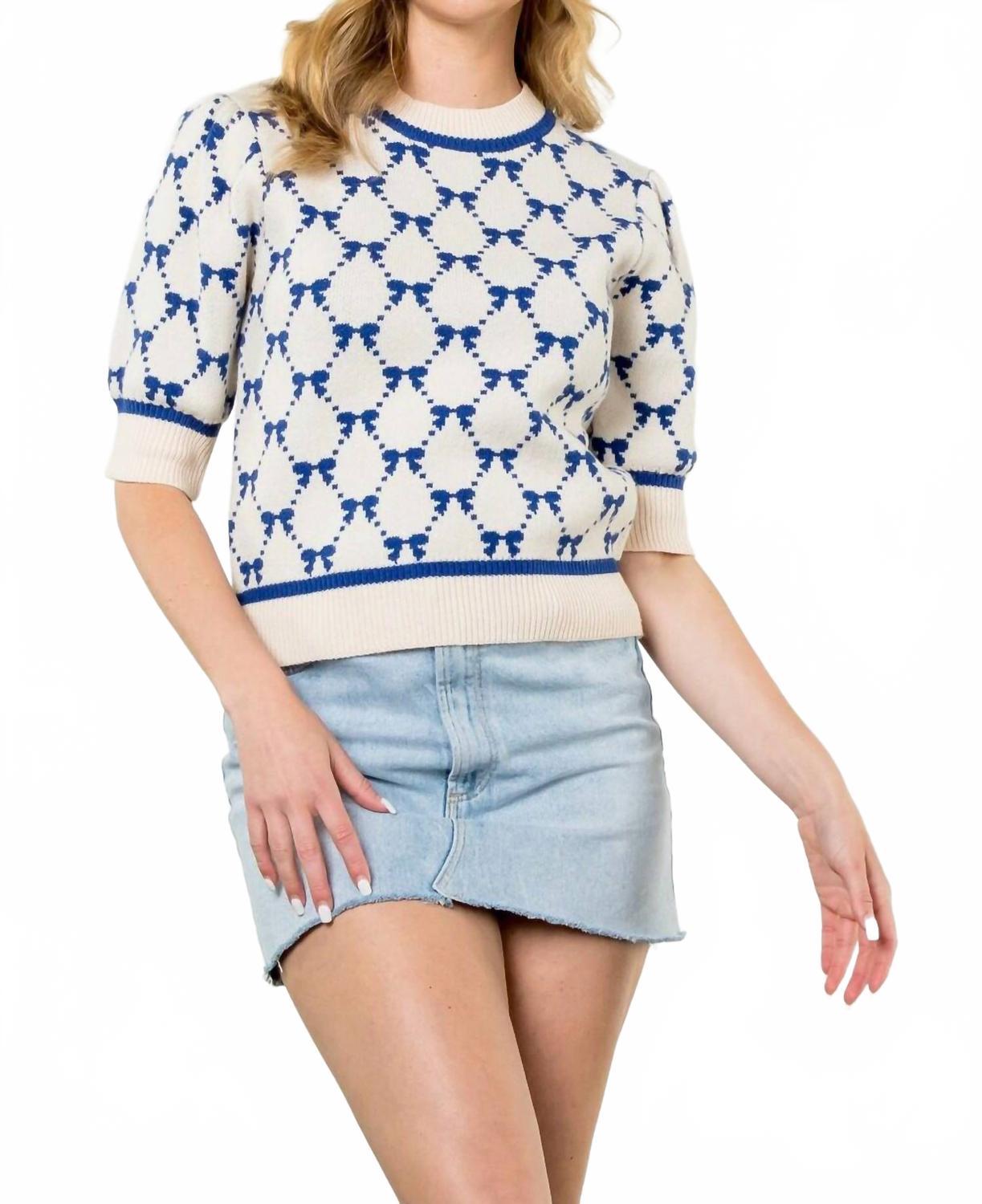 Боу-принт свитер с коротким рукавом в цвете овсянка и ярко-синий THML
Боу-принт свитер с коротким рукавом в цвете овсянка и ярко-синий THML