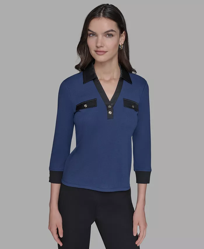 Топ из трикотажа в рубчик с V-образным вырезом и миниатюрным воротником KARL LAGERFELD PARIS, синий
Топ из трикотажа в рубчик с V-образным вырезом и миниатюрным воротником KARL LAGERFELD PARIS, синий