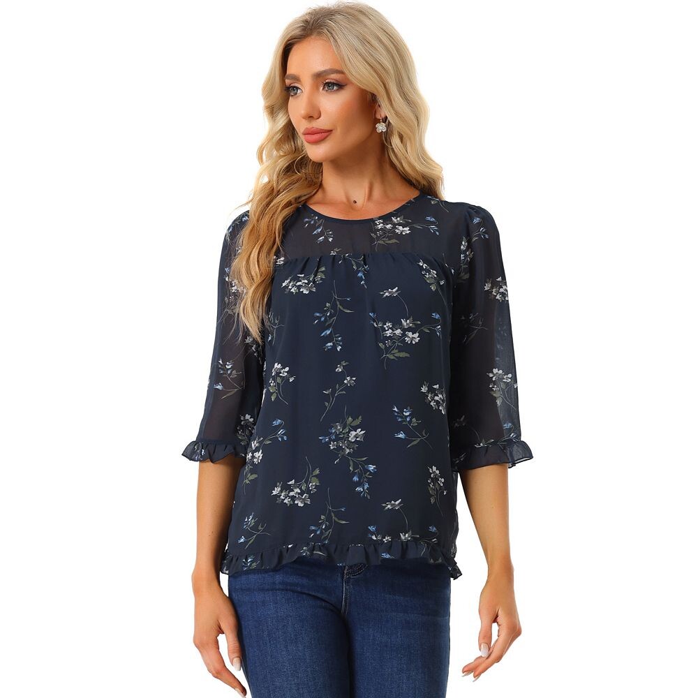 Женская повседневная шифоновая блузка с рюшами и рукавами 3/4 с цветочным принтом ALLEGRA K, цвет Navy Blue