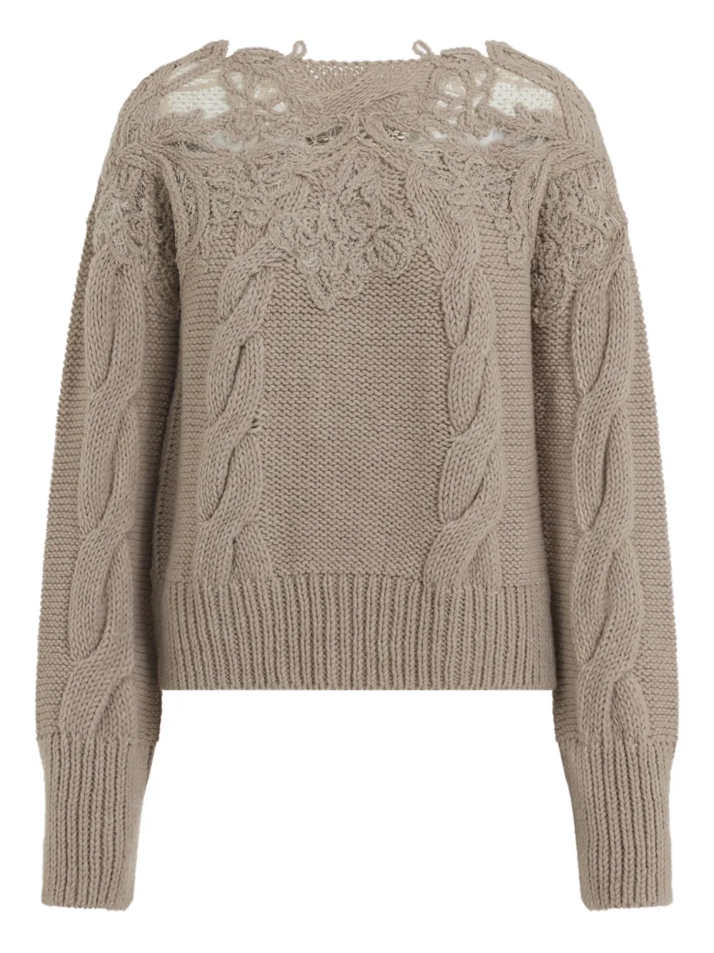 Свитер с косичной вязкой и кружевными вставками Ermanno Scervino, коричневый
Свитер с косичной вязкой и кружевными вставками Ermanno Scervino, коричневый