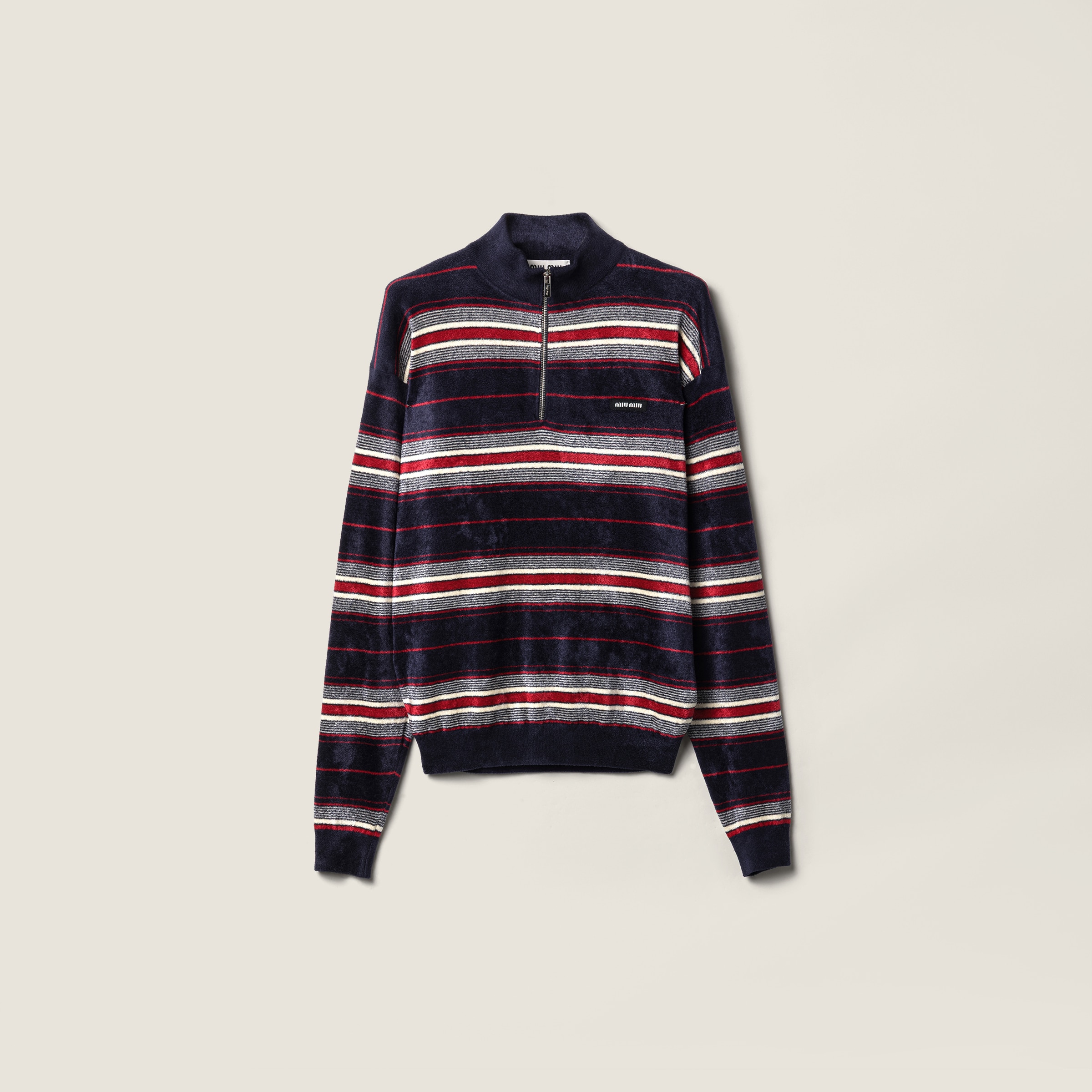 Вязаный свитер из шенилла с наполовину застегивающейся молнией MIU MIU, синий
Вязаный свитер из шенилла с наполовину застегивающейся молнией MIU MIU, синий