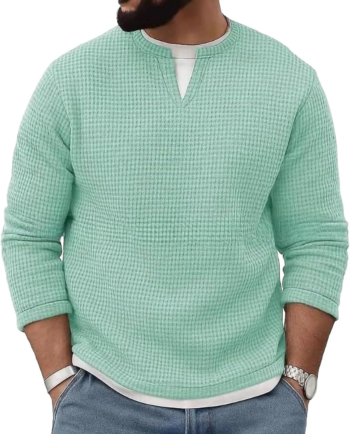 Мужская футболка Relax Fit с длинным рукавом 2 в 1 Waffle Notched V Neck
Мужская футболка Relax Fit с длинным рукавом 2 в 1 Waffle Notched V Neck