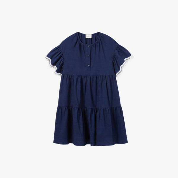 Платье мини Claudie Pierlot из льняной ткани на пуговицах с волнистым подолом, синий 
Платье мини Claudie Pierlot из льняной ткани на пуговицах с волнистым подолом, синий