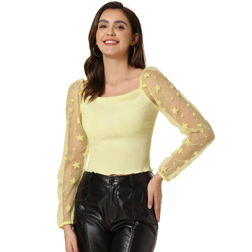 Женский прозрачный укороченный топ в готическом стиле с квадратным вырезом и длинными рукавами со звездами ALLEGRA K, желтый
Женский прозрачный укороченный топ в готическом стиле с квадратным вырезом и длинными рукавами со звездами ALLEGRA K, желтый