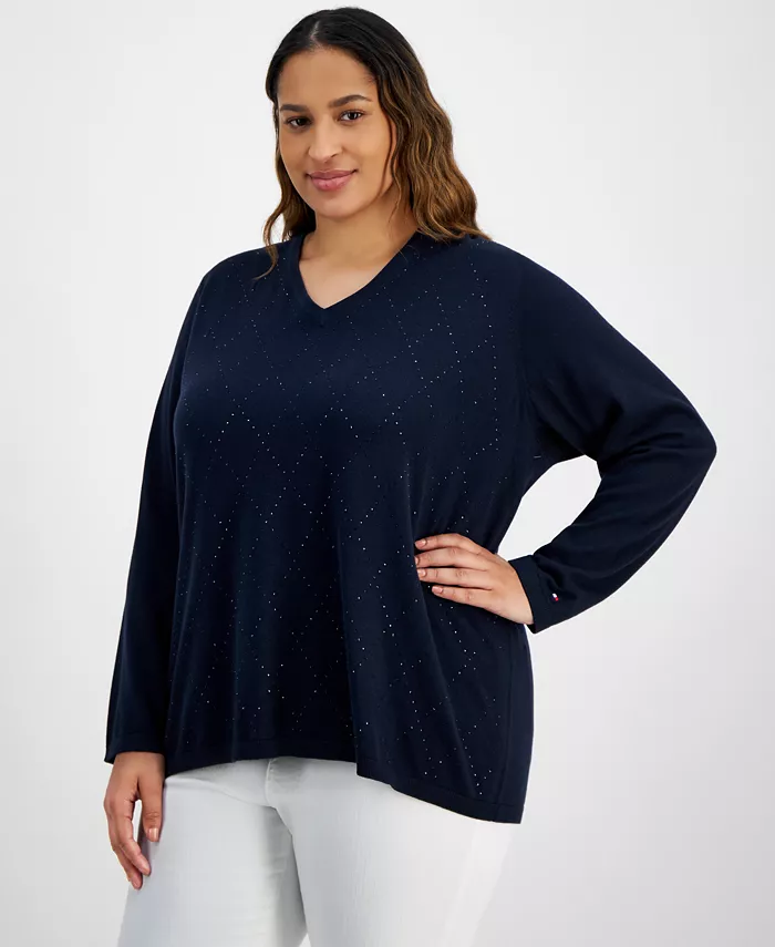 Свитер больших размеров со стразами и узором «ромбик» Tommy Hilfiger, синий 
Свитер больших размеров со стразами и узором «ромбик» Tommy Hilfiger, синий