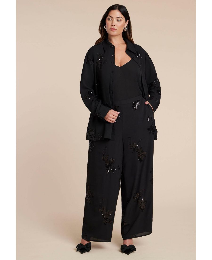 Женские брюки с цветочным принтом и пайетками, широкие штанины ELOQUII, Black onyx
Женские брюки с цветочным принтом и пайетками, широкие штанины ELOQUII, Black onyx