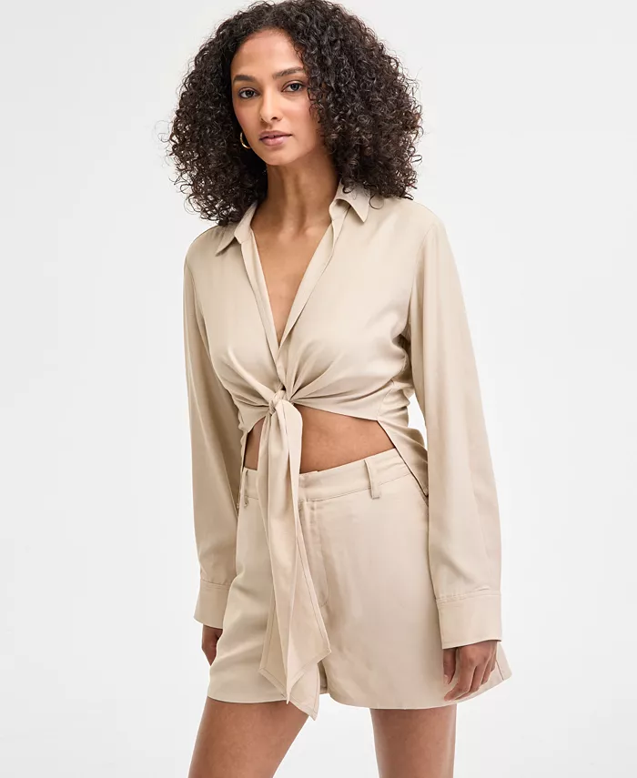 Женская блузка с воротником и завязками на подоле Bar III, коричневый/бежевый 
Женская блузка с воротником и завязками на подоле Bar III, коричневый/бежевый