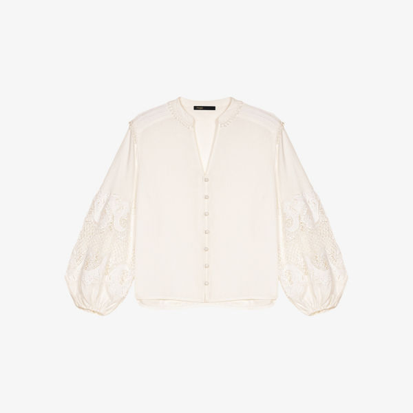 Блузка Maje из льна с V-образным вырезом и кружевной вставкой, белый
Блузка Maje из льна с V-образным вырезом и кружевной вставкой, белый