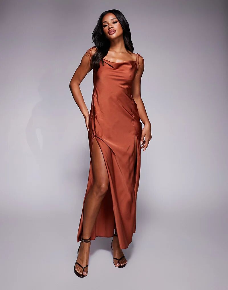Коричневое атласное платье макси ASOS DESIGN с завязками и разрезами 
Коричневое атласное платье макси ASOS DESIGN с завязками и разрезами