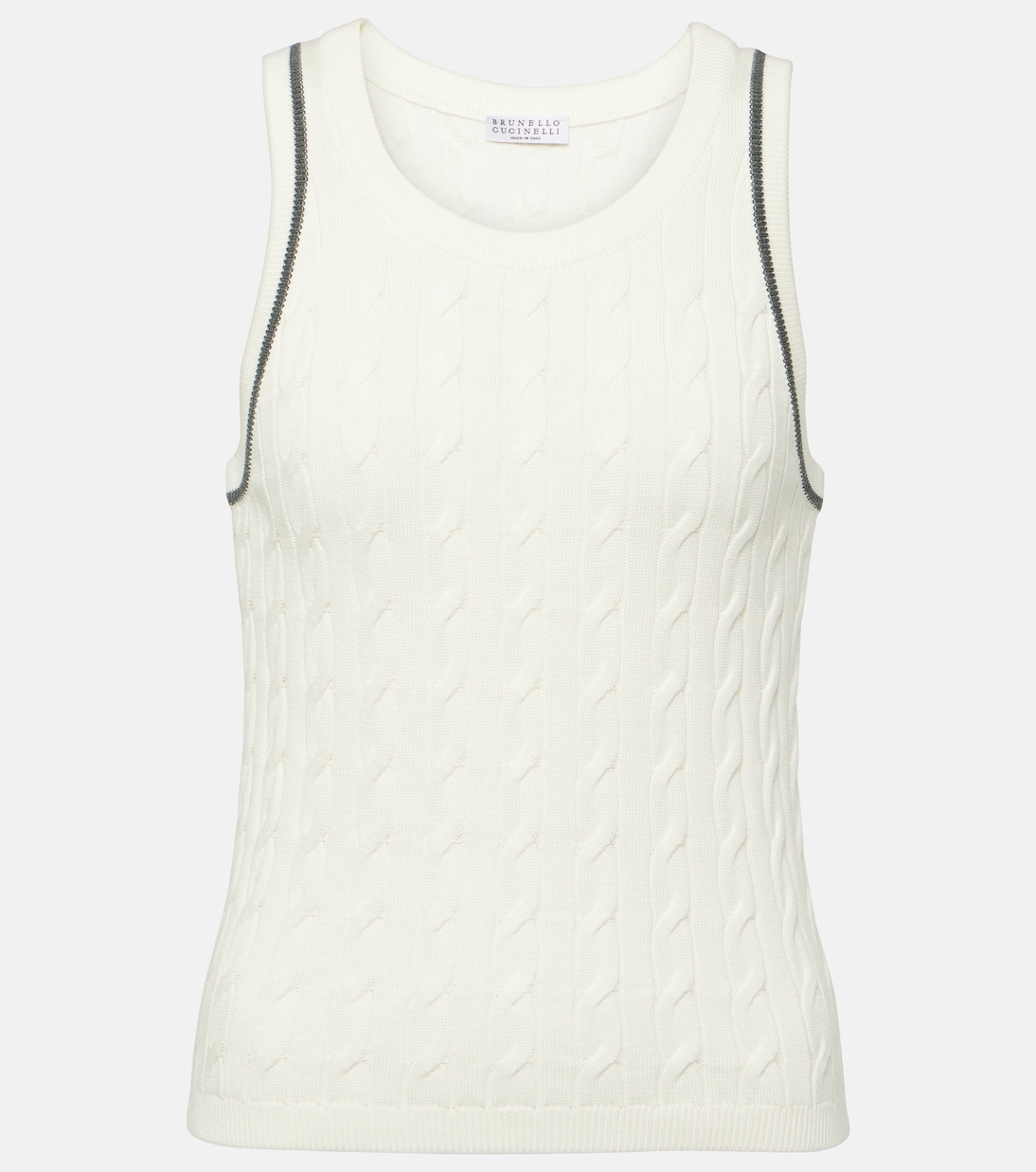 Топ из хлопка с косичной вязкой Brunello Cucinelli, Panama+Piombo
Топ из хлопка с косичной вязкой Brunello Cucinelli, Panama+Piombo