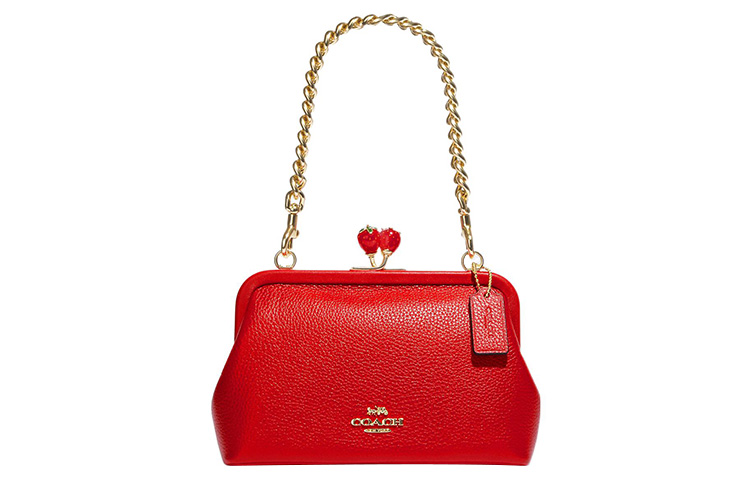 COACH Замок-поцелуйчик Кожаная переносная сумка через плечо Женская вишнево-красная