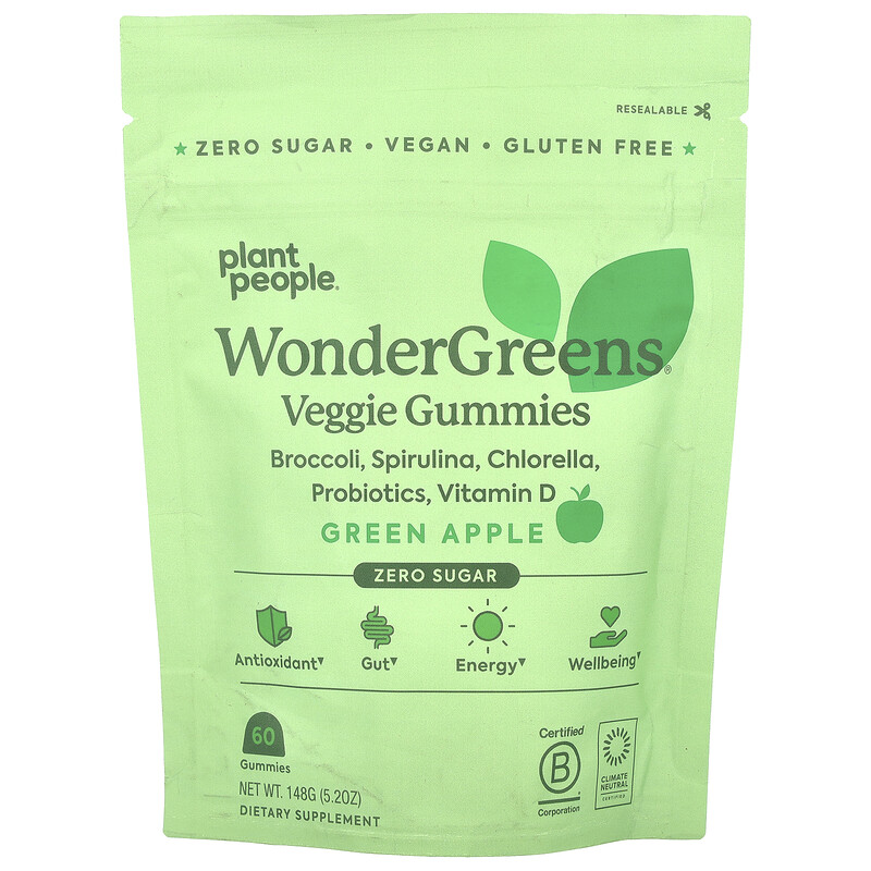 Plant People, WonderGreens, вегетарианские жевательные мармеладки, зеленое яблоко, 60 жевательных мармеладок
Plant People, WonderGreens, вегетарианские жевательные мармеладки, зеленое яблоко, 60 жевательных мармеладок