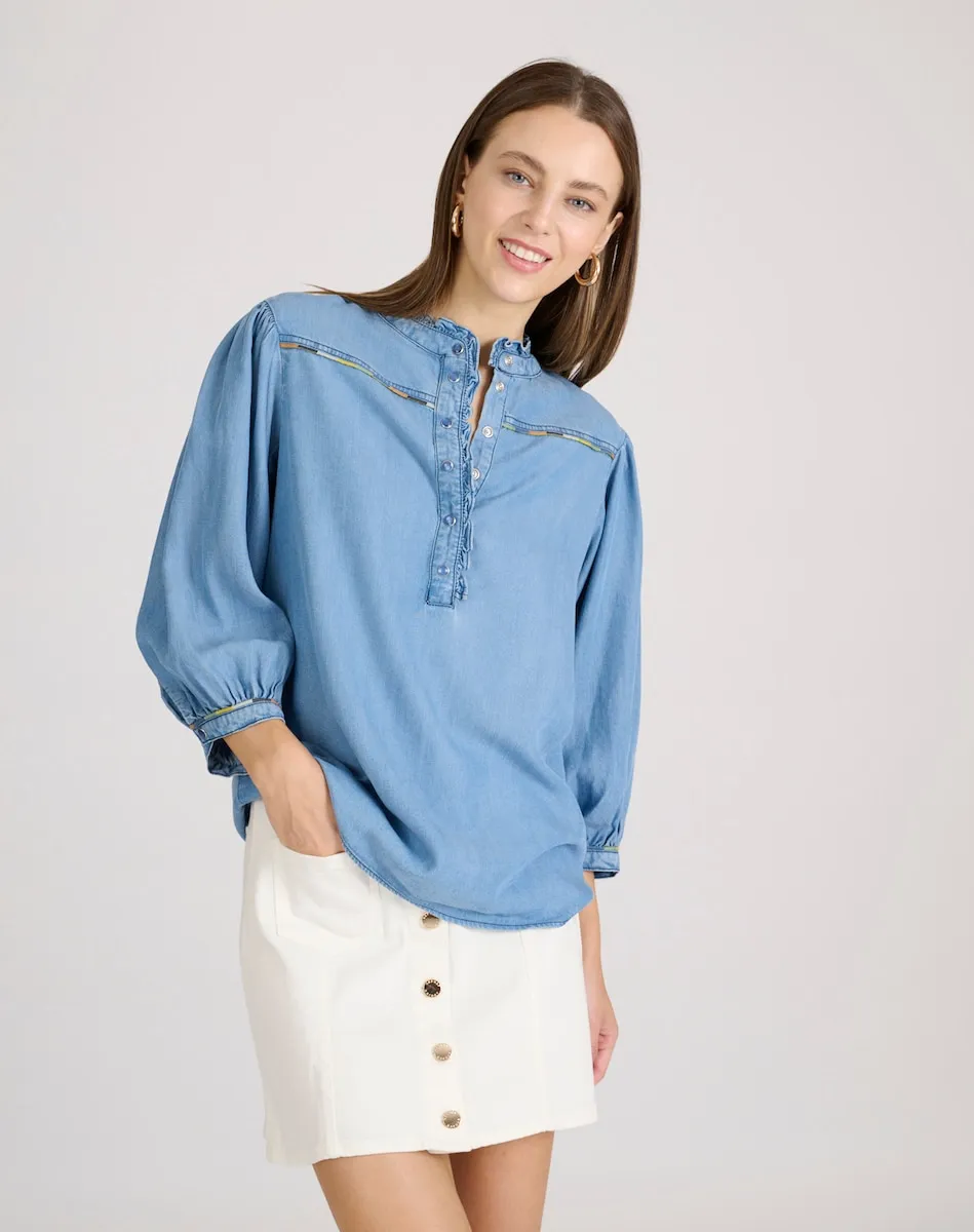 Женская блузка с воротником-стойкой и рюшами Naf Naf, индиго
Женская блузка с воротником-стойкой и рюшами Naf Naf, индиго