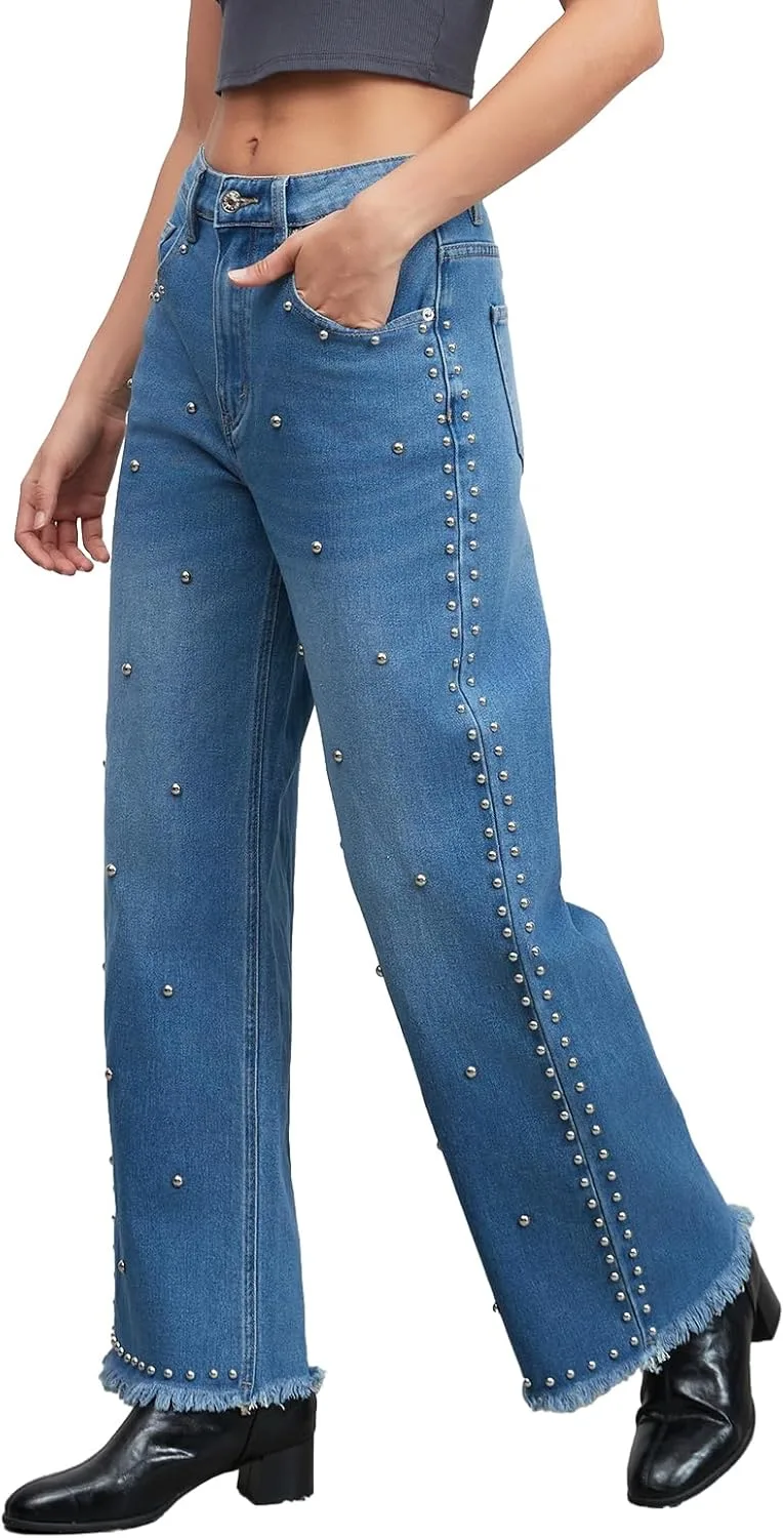 Женские джинсы Studded Wide Straight Leg с заклепками, Mid Rise, Raw Hem LifeShe
Женские джинсы Studded Wide Straight Leg с заклепками, Mid Rise, Raw Hem LifeShe