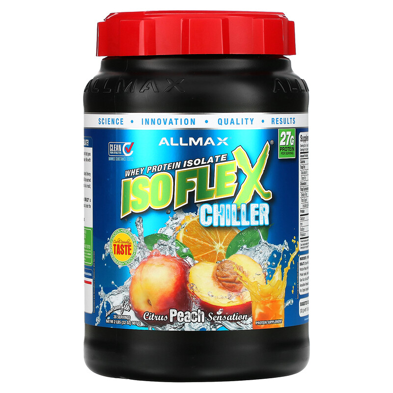 ALLMAX, Isoflex Chiller, сверхчистый 100%-ный изолят сывороточного протеина (фильтрация ИСП частицами, заряженными ионами), цитрусово-персиковое ощущение, 2 фунта (907 г)
ALLMAX, Isoflex Chiller, сверхчистый 100%-ный изолят сывороточного протеина (фильтрация ИСП частицами, заряженными ионами), цитрусово-персиковое ощущение, 2 фунта (907 г)