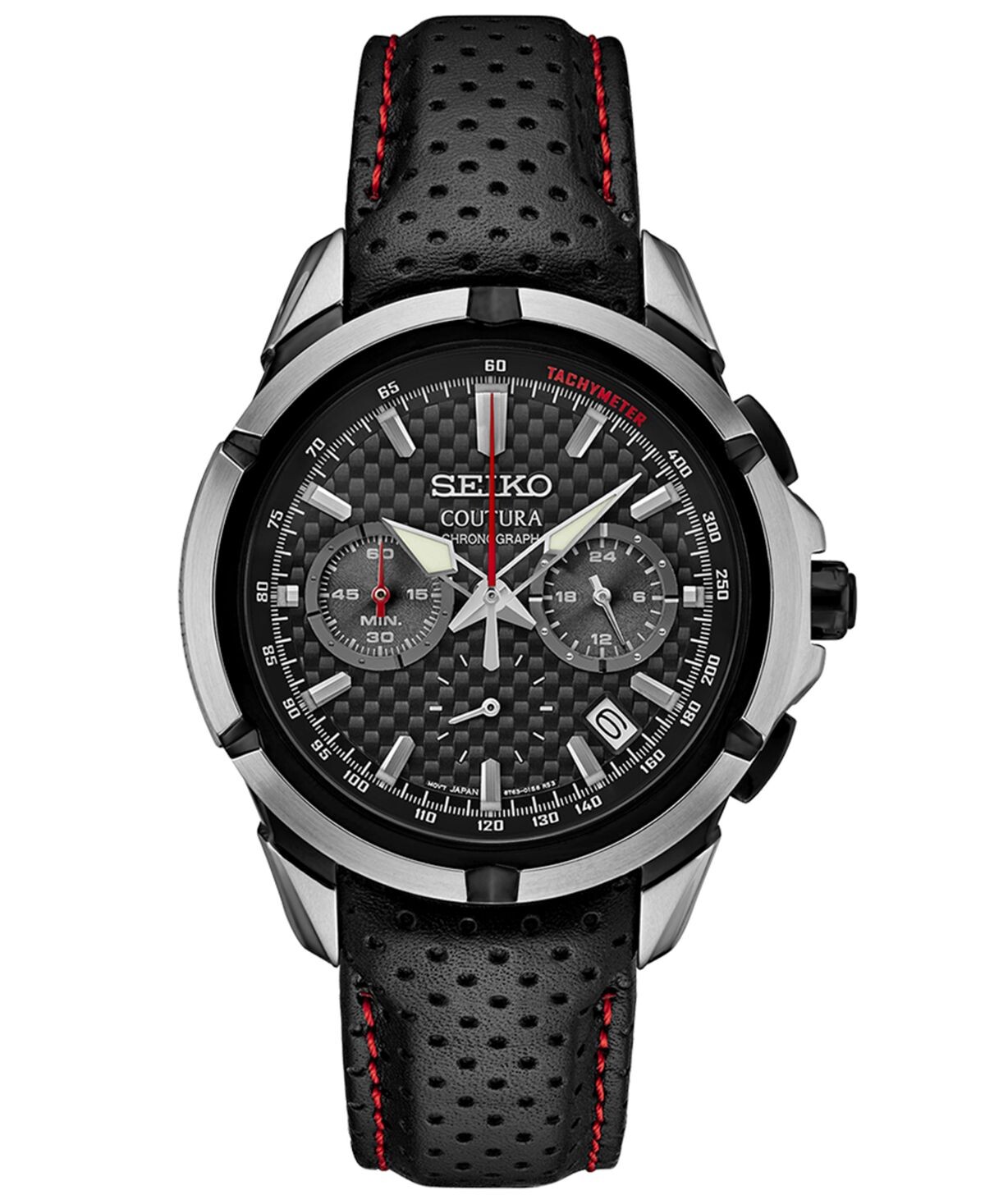 Мужские часы с хронографом Coutura, черные, с перфорированным кожаным ремешком, 42 мм Seiko 
Мужские часы с хронографом Coutura, черные, с перфорированным кожаным ремешком, 42 мм Seiko