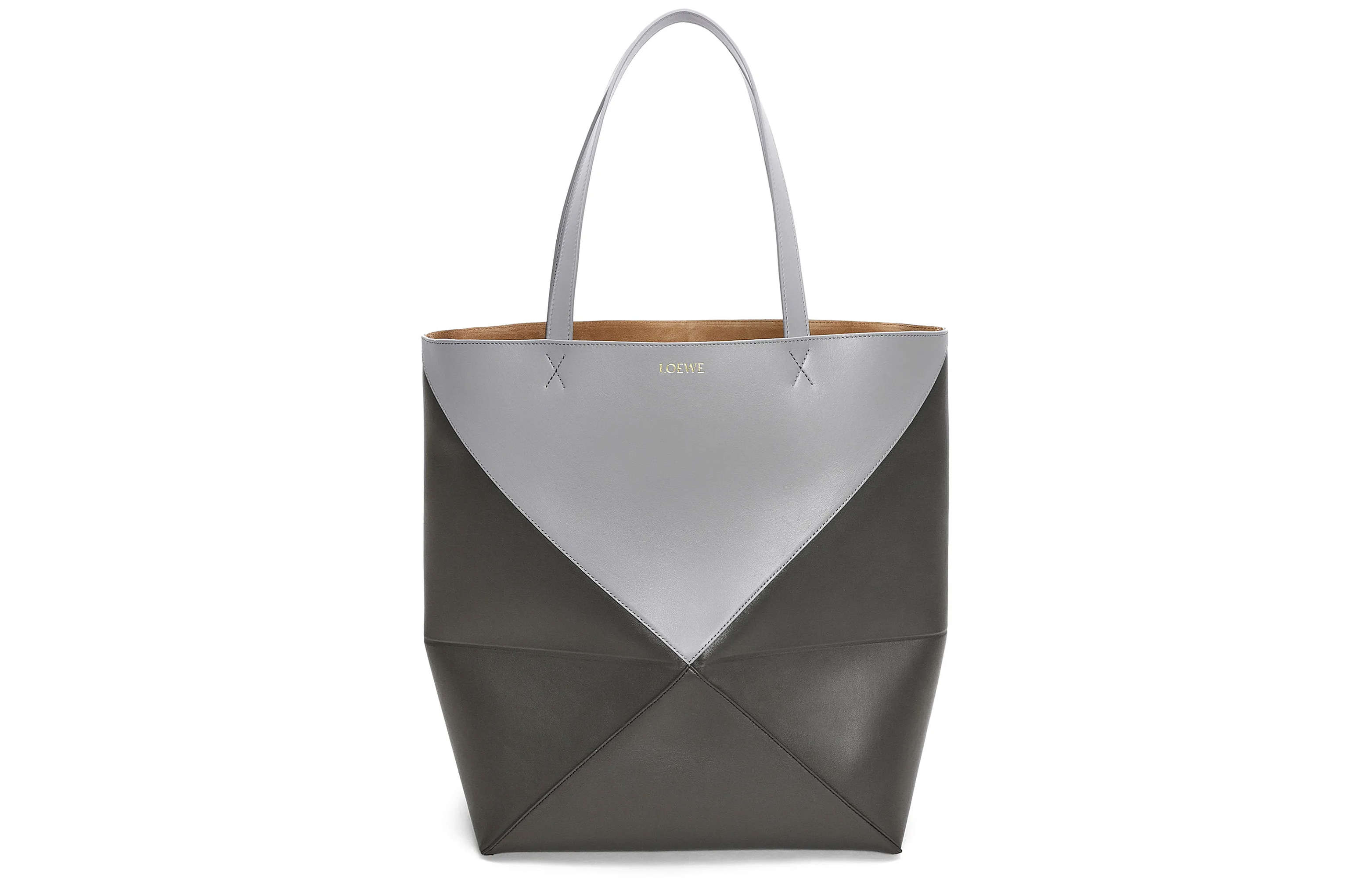 Блестящая кожаная сумка-шоппер из телячьей кожи, вместительная мужская сумка через плечо, темно-серая с жемчужно-серым оттенком LOEWE 
Блестящая кожаная сумка-шоппер из телячьей кожи, вместительная мужская сумка через плечо, темно-серая с жемчужно-серым оттенком LOEWE