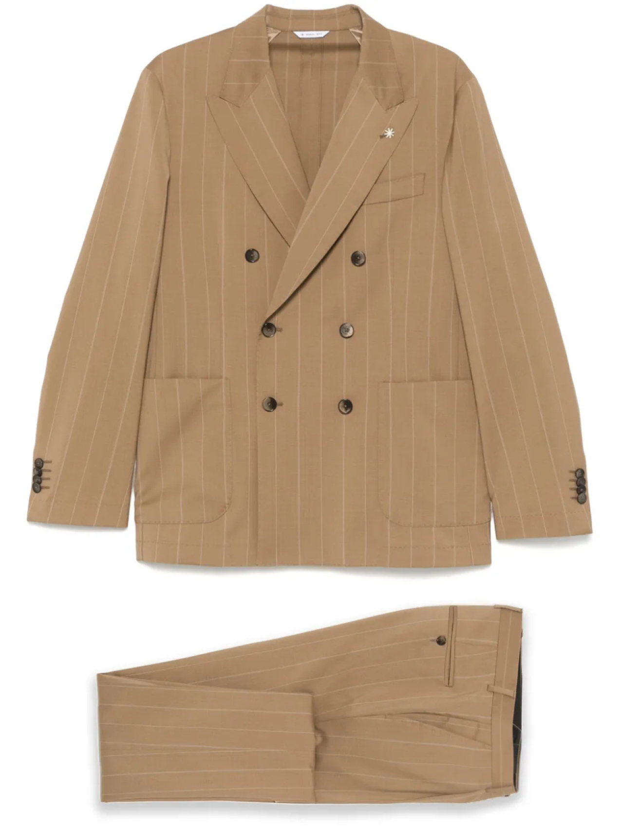 Двубортный костюм в тонкую полоску от Manuel Ritz, нейтральный
Двубортный костюм в тонкую полоску от Manuel Ritz, нейтральный