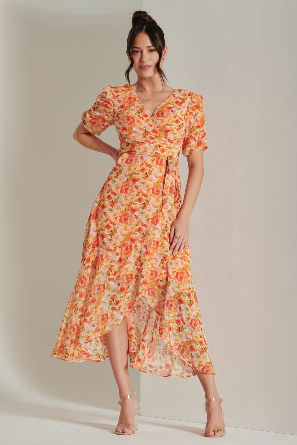 Платье макси из фактурного шифона с металлизированным принтом Jolie Moi, оранжевый