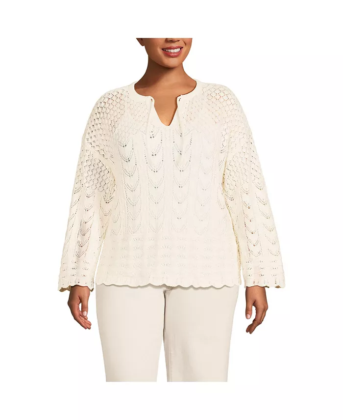 Свитер больших размеров из хлопкового букле с ажурным узором и вырезом Lands' End, белый
Свитер больших размеров из хлопкового букле с ажурным узором и вырезом Lands' End, белый