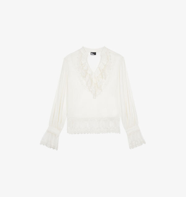 Топ из хлопка с V-образным вырезом и оборками The Kooples, экрю 
Топ из хлопка с V-образным вырезом и оборками The Kooples, экрю