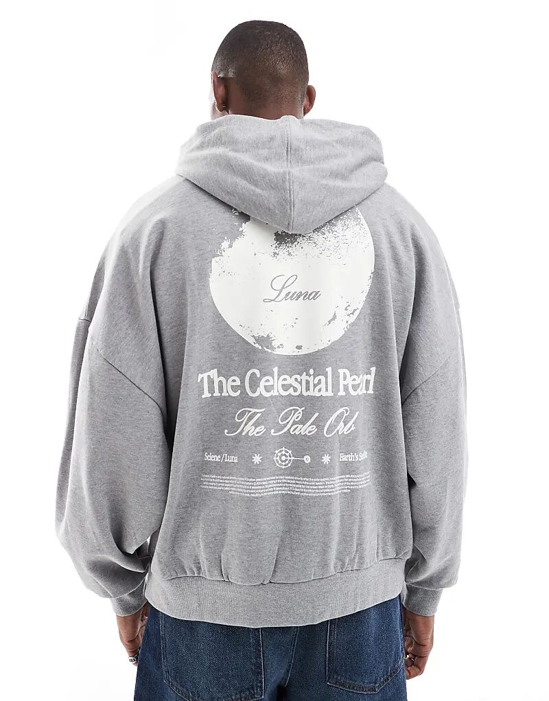 Экстремально свободная толстовка с капюшоном с принтом на спине серого меланжевого цвета ASOS DESIGN