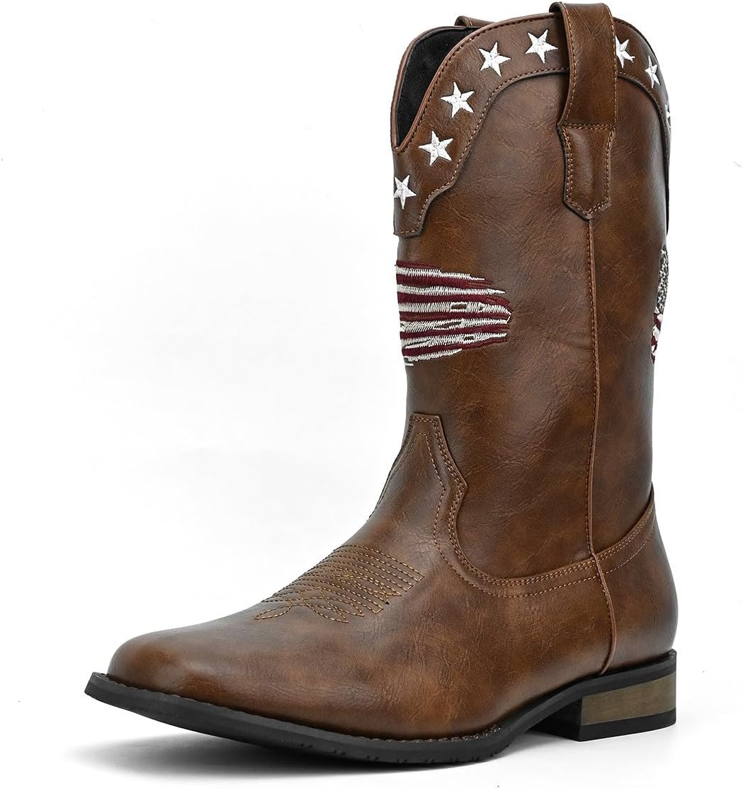 Мужские ковбойские сапоги Santimon в западном стиле с американским флагом, вышитые на коже, с квадратным носком, классические сапоги для родео и верховой езды, коричневый
Мужские ковбойские сапоги Santimon в западном стиле с американским флагом, вышитые на коже, с квадратным носком, классические сапоги для родео и верховой езды, коричневый