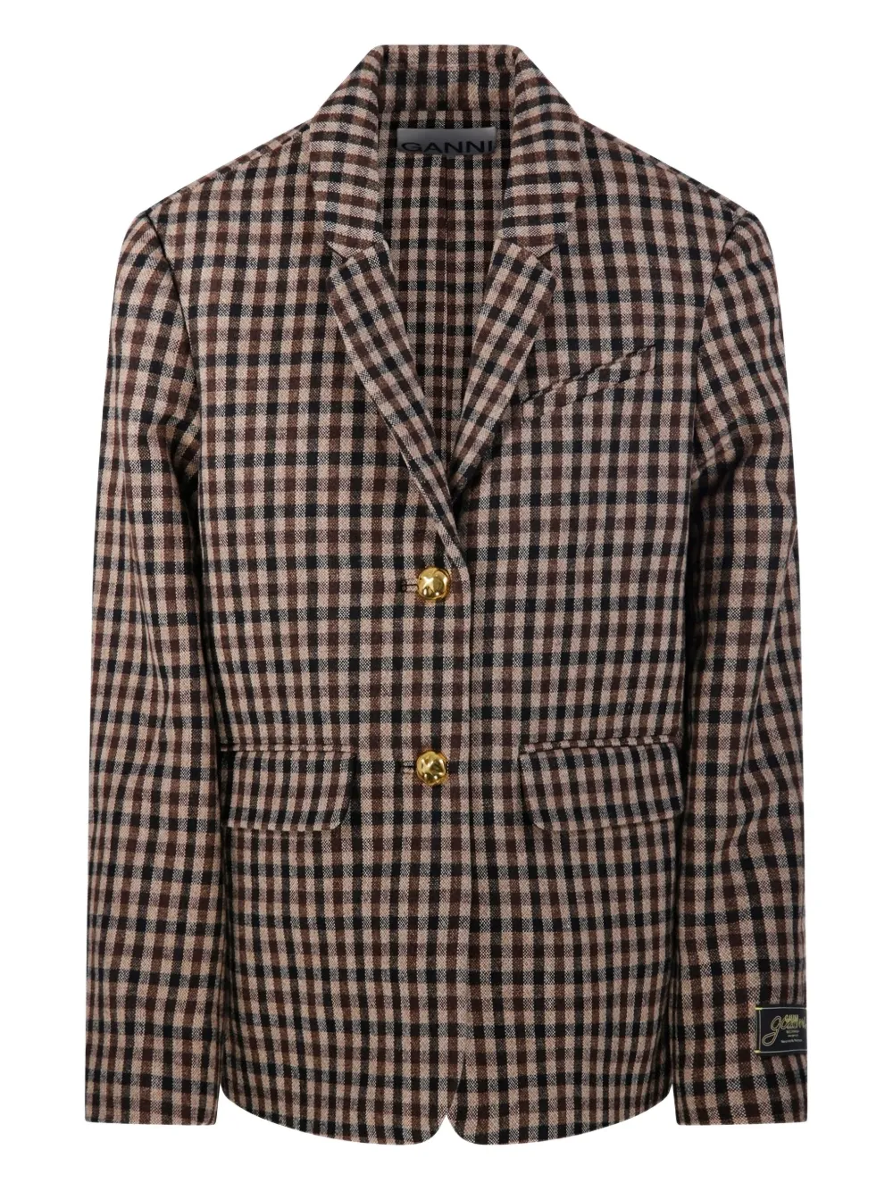 Блейзер в клетку гингем на пуговицах GANNI, коричневый
Блейзер в клетку гингем на пуговицах GANNI, коричневый