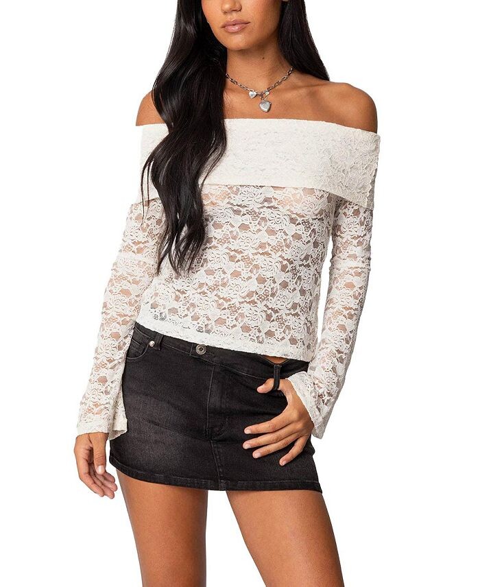 Прозрачный кружевной топ с открытыми плечами Edikted Ashley, слоновая кость/кремовый