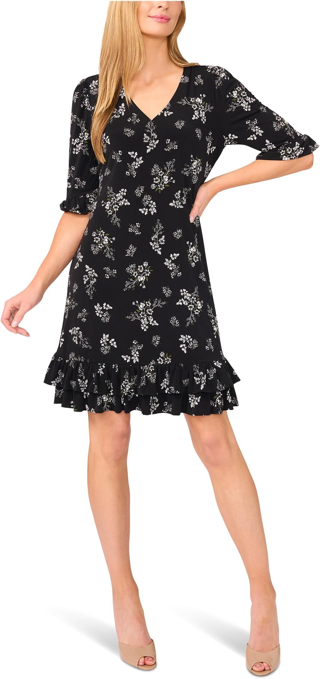 Платье CeCe Tiered Ruffle 3/4 Sleeve Shift Dress, цвет Rich Black 
Платье CeCe Tiered Ruffle 3/4 Sleeve Shift Dress, цвет Rich Black