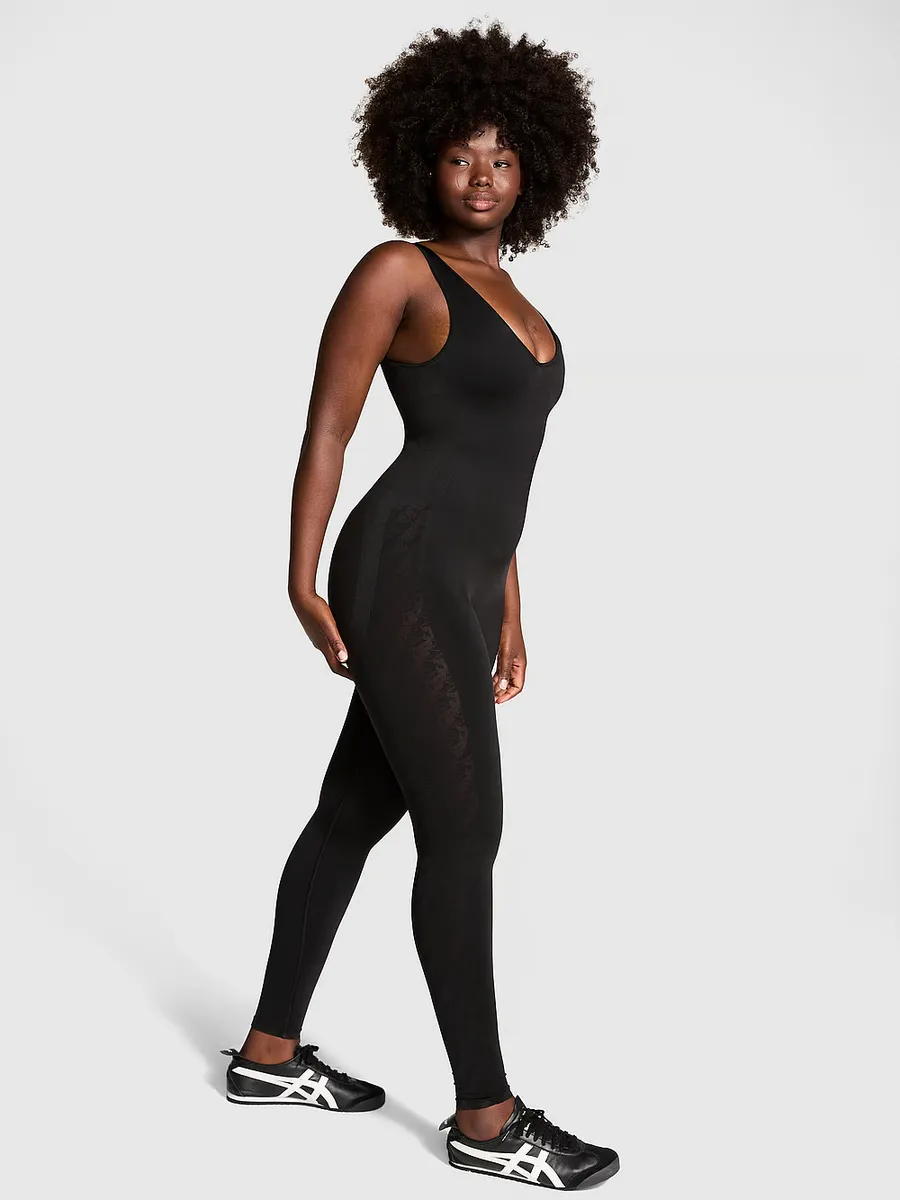 Атласный бесшовный комбинезон для тренировок с глубоким погружением Pink, черный