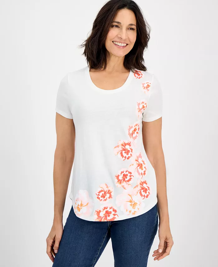 Женская футболка с принтом, короткий рукав, круглый вырез Style & Co, оранжевый 
Женская футболка с принтом, короткий рукав, круглый вырез Style & Co, оранжевый