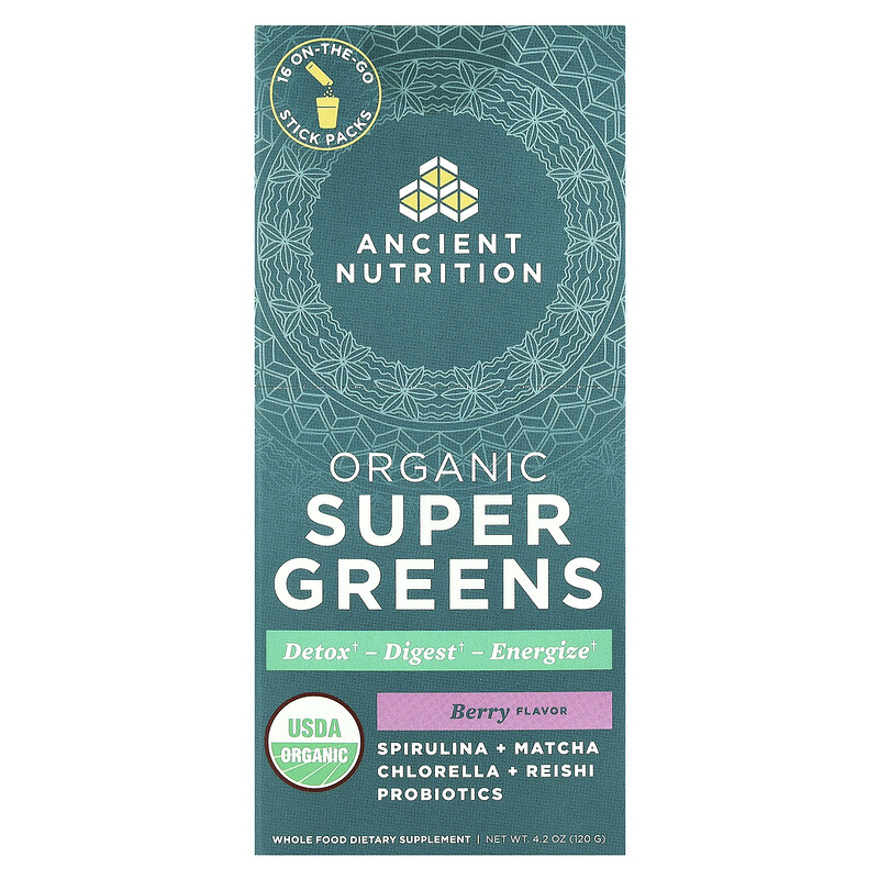Ancient Nutrition, Organic Super Greens, ягоды, 16 упаковок в виде стиков, по 7,5 г (0,3 унции) каждая
Ancient Nutrition, Organic Super Greens, ягоды, 16 упаковок в виде стиков, по 7,5 г (0,3 унции) каждая