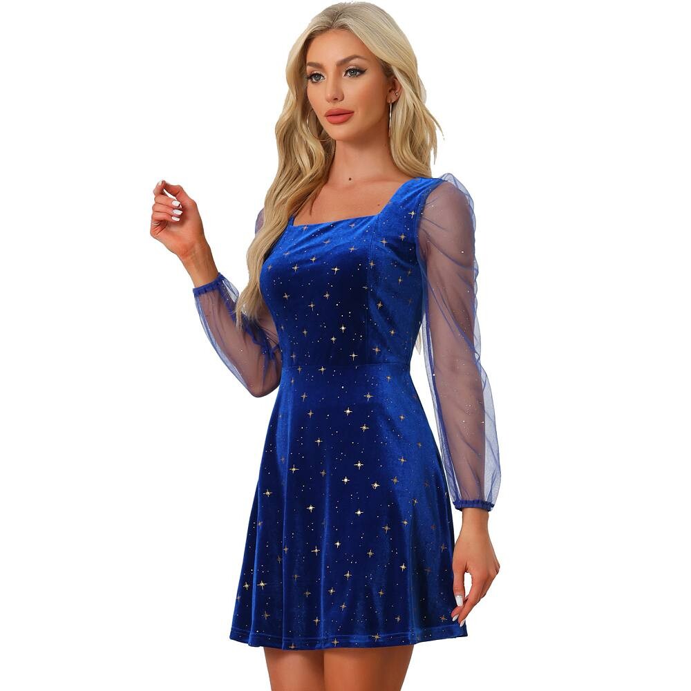 Женское сетчатое прозрачное бархатное платье для выпускного со звездами и квадратным вырезом с длинными рукавами ALLEGRA K, цвет Royal Blue 
Женское сетчатое прозрачное бархатное платье для выпускного со звездами и квадратным вырезом с длинными рукавами ALLEGRA K, цвет Royal Blue