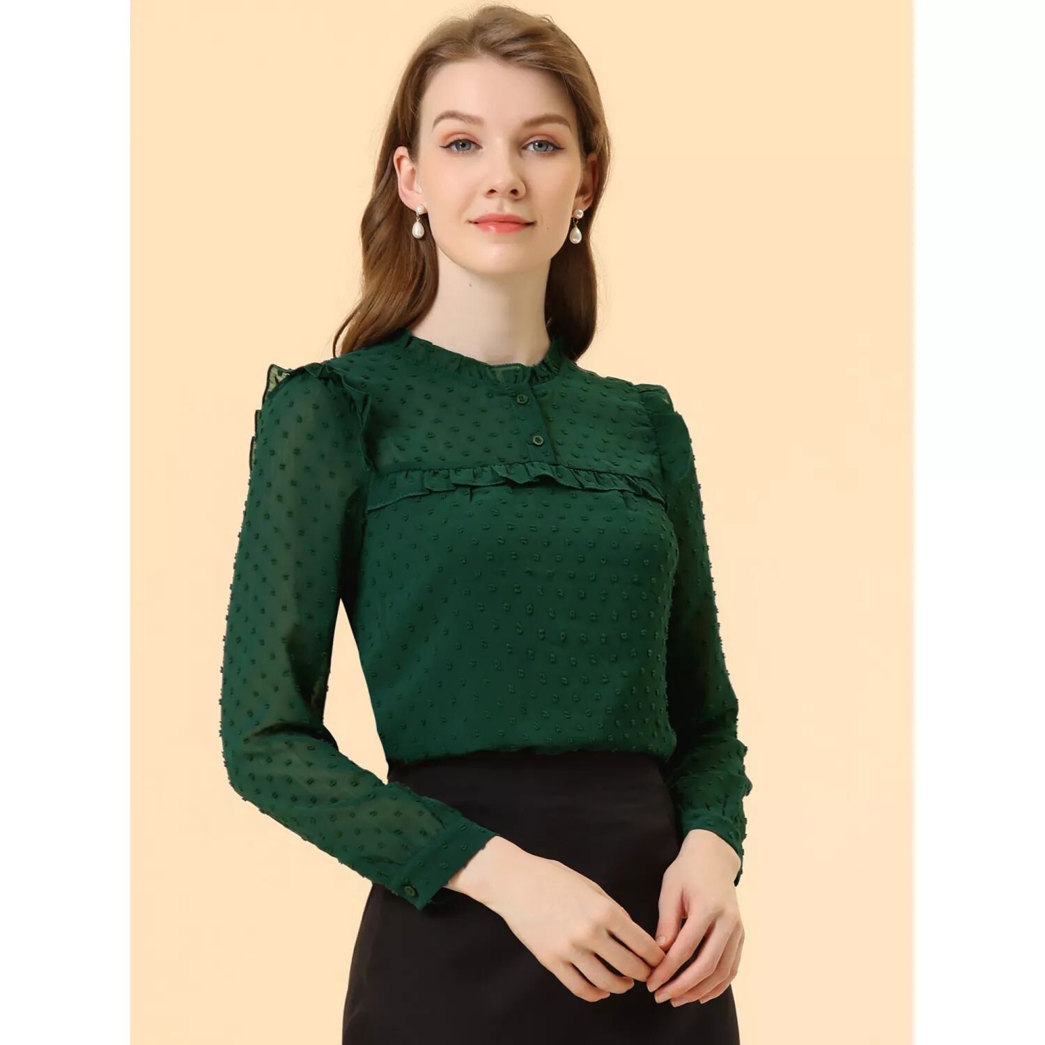 Женские шифоновые рубашки, элегантные блузки с длинными рукавами и рюшами в швейцарский горошек, топы ALLEGRA K, зеленый
Женские шифоновые рубашки, элегантные блузки с длинными рукавами и рюшами в швейцарский горошек, топы ALLEGRA K, зеленый