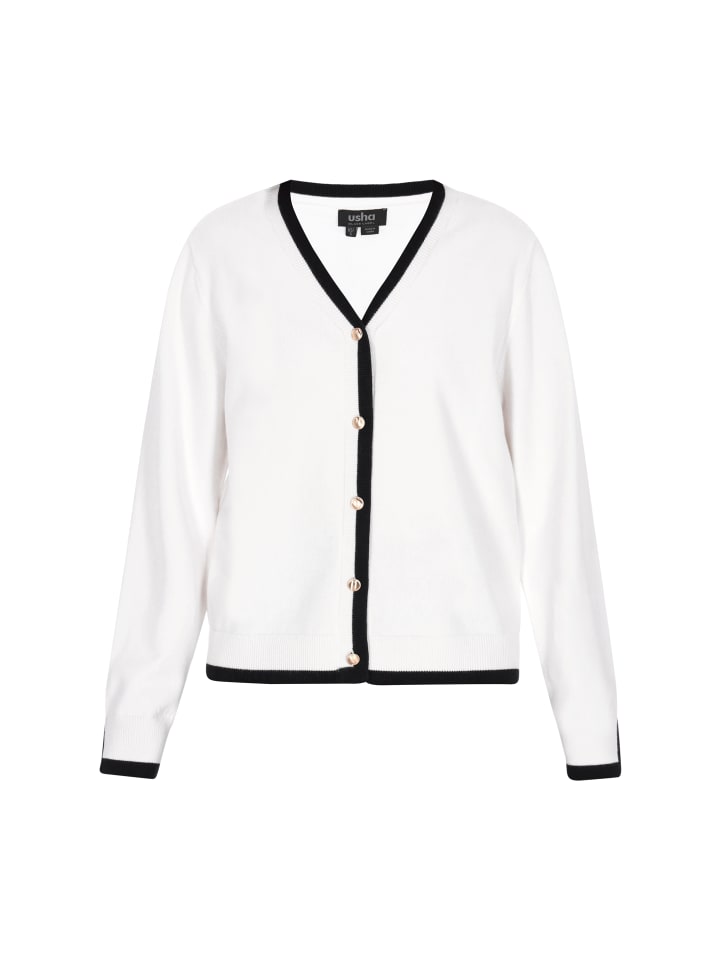 Usha BLACK LABEL Женский кардиган кремового цвета с черными вставками
Usha BLACK LABEL Женский кардиган кремового цвета с черными вставками