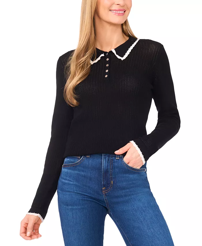 Женский свитер-поло с длинными рукавами и отделкой ажурной вязки CeCe, черный
Женский свитер-поло с длинными рукавами и отделкой ажурной вязки CeCe, черный