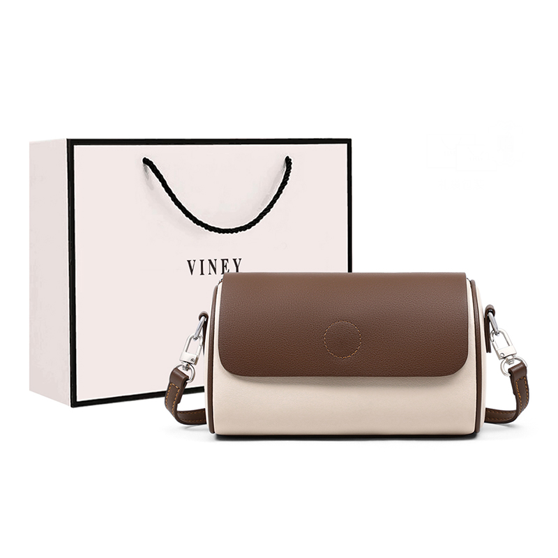 VINEY Кожаная сумка через плечо цилиндрическая миниатюрная женская кофейная, White & Coffee & Coffee 
VINEY Кожаная сумка через плечо цилиндрическая миниатюрная женская кофейная, White & Coffee & Coffee