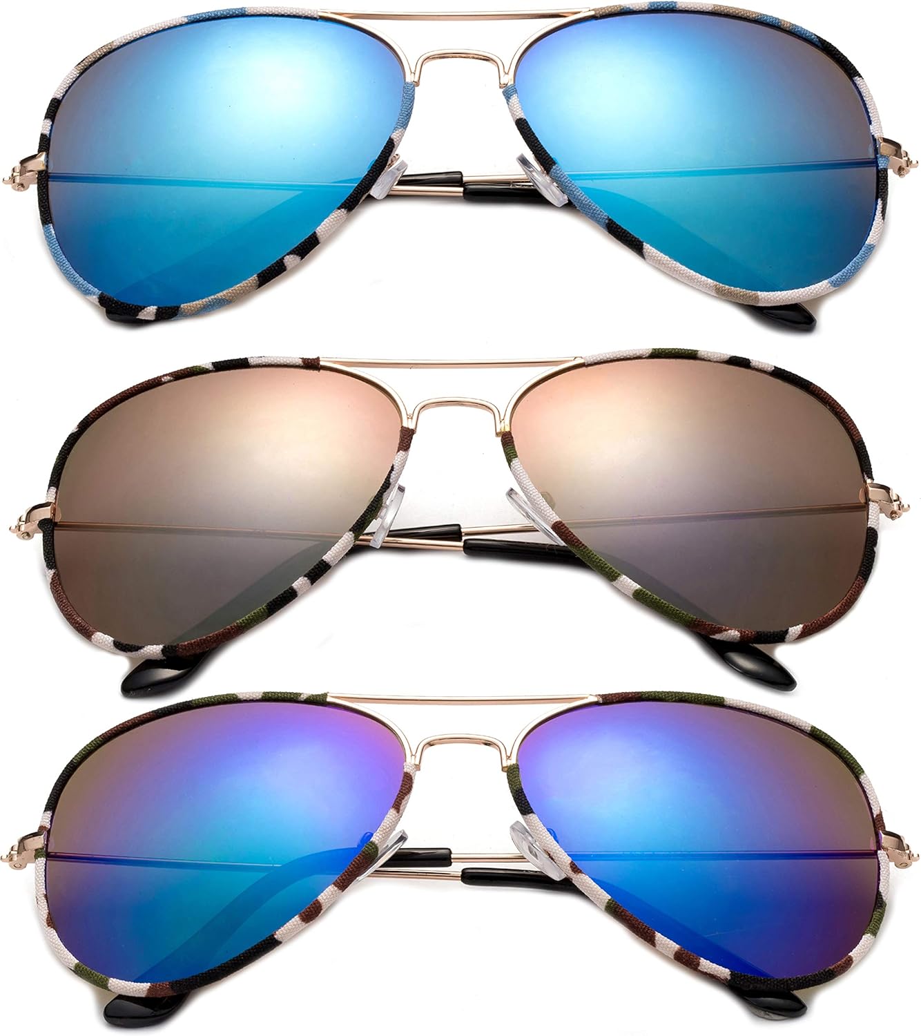 Комплект из 3 солнцезащитных очков-авиаторов Newbee Fashion из камуфляжной парусины с металлической оправой для мужчин и женщин, с зеркальными линзами и защитой от УФ-излучения UV400, 3 Pack Blue, Green & Purple
Комплект из 3 солнцезащитных очков-авиаторов Newbee Fashion из камуфляжной парусины с металлической оправой для мужчин и женщин, с зеркальными линзами и защитой от УФ-излучения UV400, 3 Pack Blue, Green & Purple