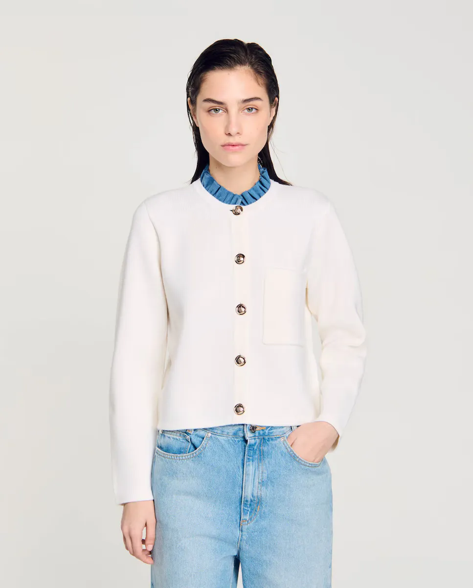 Вязаная женская куртка со съемным воротником с рюшами Sandro, белый
Вязаная женская куртка со съемным воротником с рюшами Sandro, белый