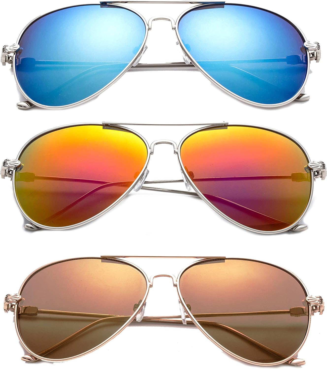 Комплект из 3 солнцезащитных очков-авиаторов Newbee Fashion в металлической оправе для мужчин и женщин, зеркальные линзы с защитой от УФ-излучения UV400, цельнометаллические дужки, 3 Pack Blue, Orange & Gold
Комплект из 3 солнцезащитных очков-авиаторов Newbee Fashion в металлической оправе для мужчин и женщин, зеркальные линзы с защитой от УФ-излучения UV400, цельнометаллические дужки, 3 Pack Blue, Orange & Gold