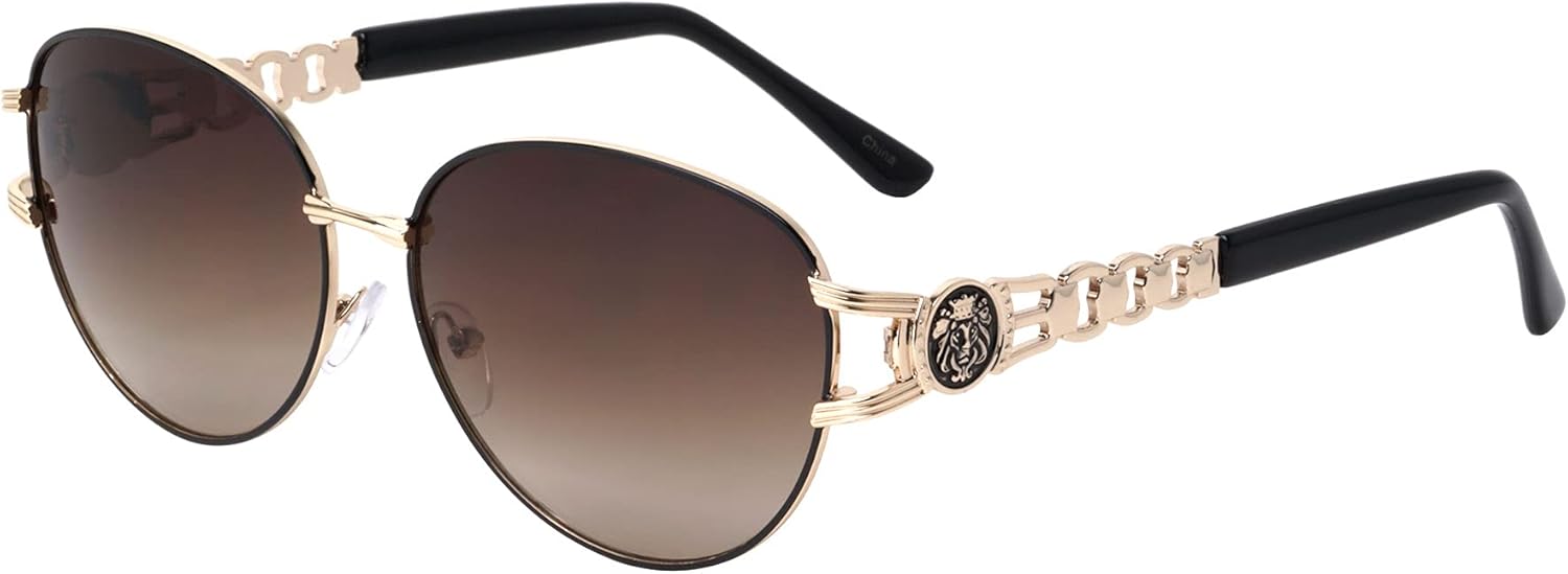 Kleo Dynasty - Овальные солнцезащитные очки в стиле хип-хоп с металлическими цепочками на дужках, вырезами по бокам, медальоном в виде головы льва и монетой, Brown Gold
Kleo Dynasty - Овальные солнцезащитные очки в стиле хип-хоп с металлическими цепочками на дужках, вырезами по бокам, медальоном в виде головы льва и монетой, Brown Gold